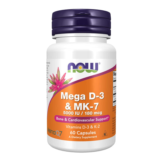 NOW Foods Mega D-3 and MK-7 with 5,000 IU Vitamin D3 and 180 mcg K2 for Bone and Heart Health, 60 Capsules - imprüv  