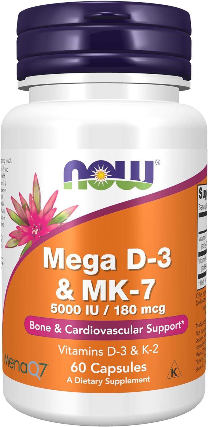 NOW Foods Mega D-3 and MK-7 with 5,000 IU Vitamin D3 and 180 mcg K2 for Bone and Heart Health, 60 Capsules - imprüv  