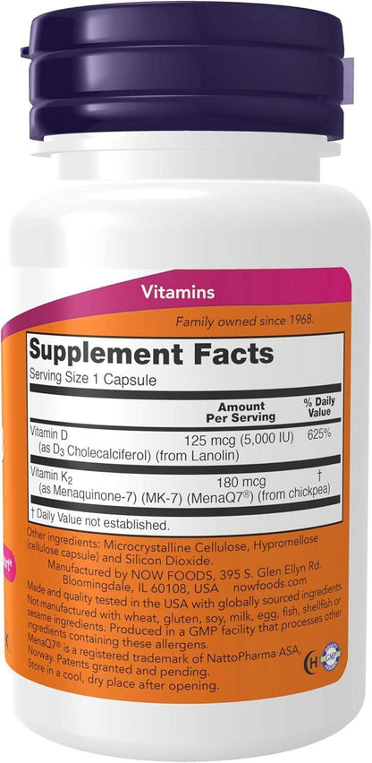 NOW Foods Mega D-3 and MK-7 with 5,000 IU Vitamin D3 and 180 mcg K2 for Bone and Heart Health, 60 Capsules - imprüv  