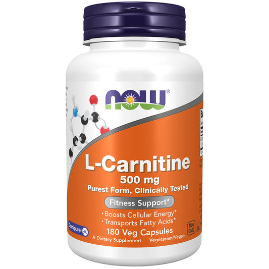 NOW Foods L-Carnitine 500 mg supports sports energy, fat metabolism, and cellular fuel with a vegan formula featuring clinically tested Carnipure™ L-Carnitine.
