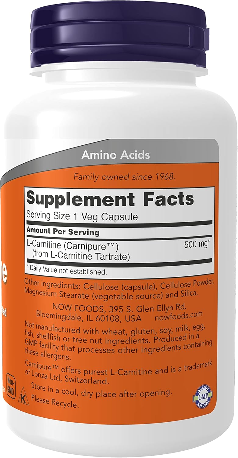 NOW Foods L-Carnitine 500 mg supports sports energy, fat metabolism, and cellular fuel with a vegan formula featuring clinically tested Carnipure™ L-Carnitine.