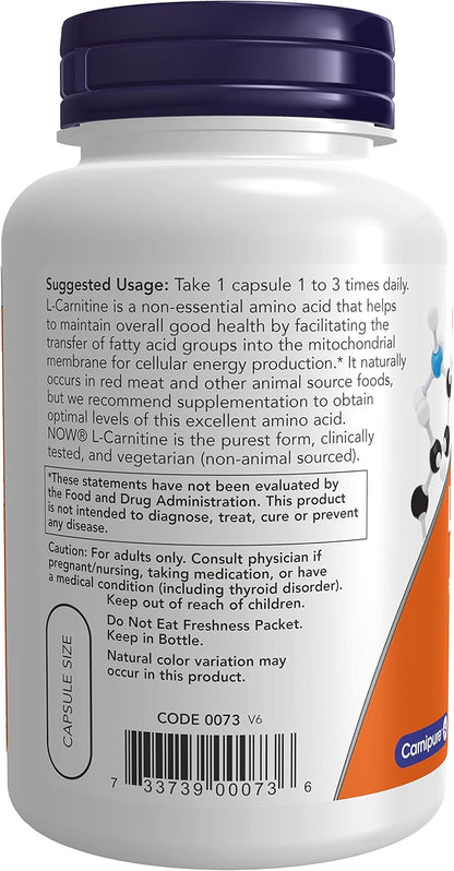 NOW Foods L-Carnitine 500 mg supports sports energy, fat metabolism, and cellular fuel with a vegan formula featuring clinically tested Carnipure™ L-Carnitine.