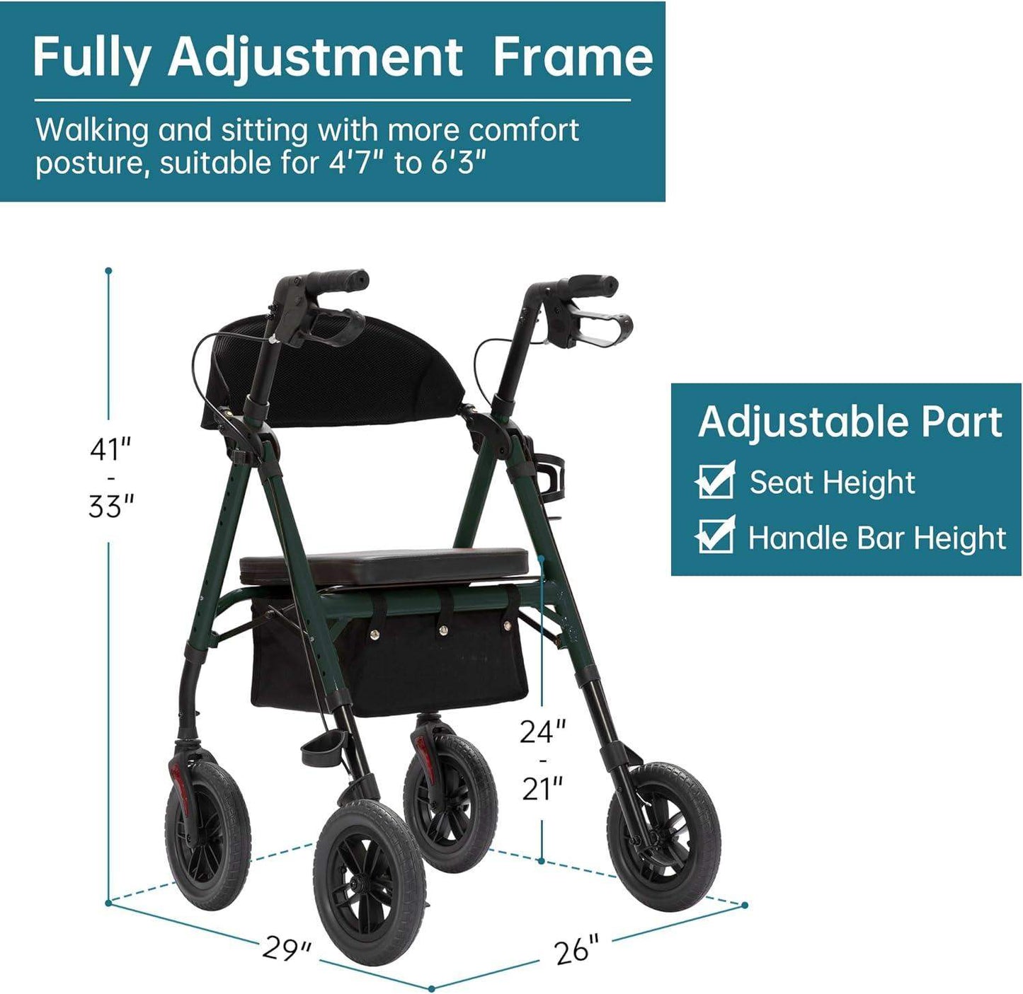 Rollator Walker with All-Terrain 10-Inch Non-Pneumatic Wheels and Padded Seat for Comfort and Injury Recovery - imprüv  