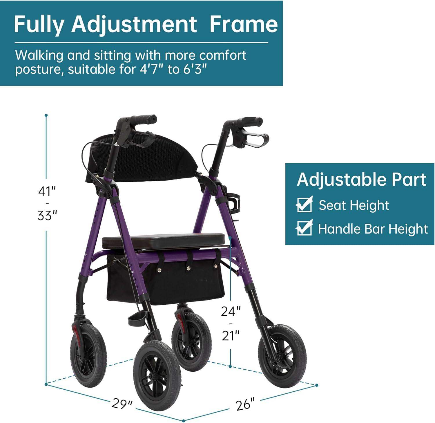 Rollator Walker with All-Terrain 10-Inch Non-Pneumatic Wheels and Padded Seat for Comfort and Injury Recovery - imprüv  