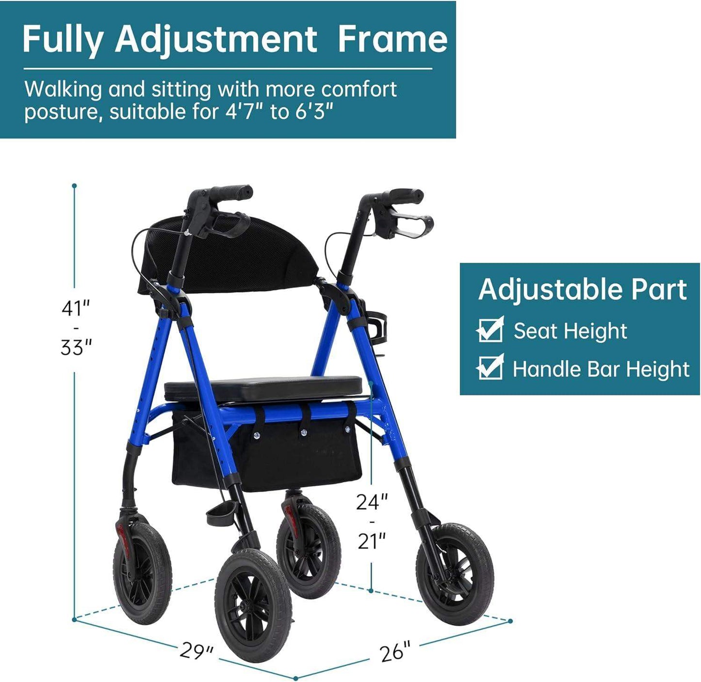 Rollator Walker with All-Terrain 10-Inch Non-Pneumatic Wheels and Padded Seat for Comfort and Injury Recovery - imprüv  