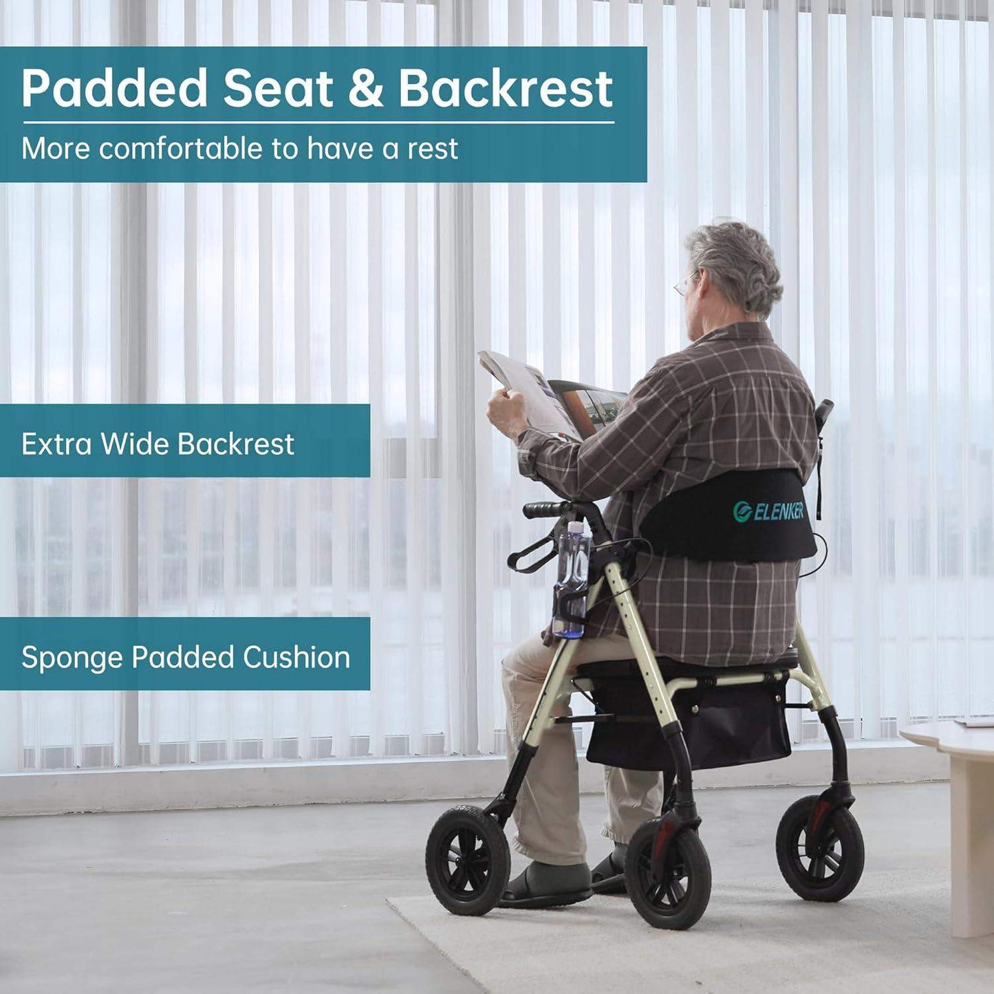Rollator Walker with All-Terrain 10-Inch Non-Pneumatic Wheels and Padded Seat for Comfort and Injury Recovery - imprüv  