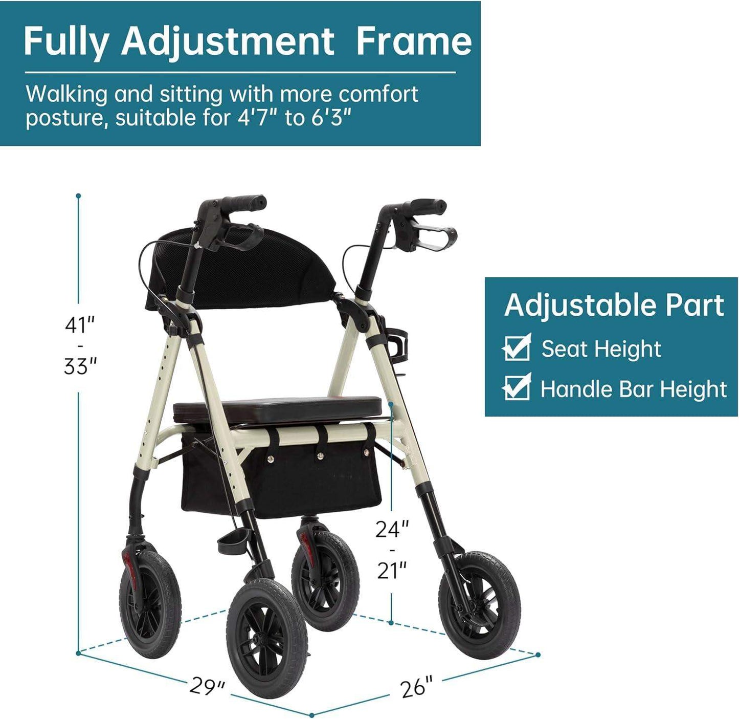 Rollator Walker with All-Terrain 10-Inch Non-Pneumatic Wheels and Padded Seat for Comfort and Injury Recovery - imprüv  