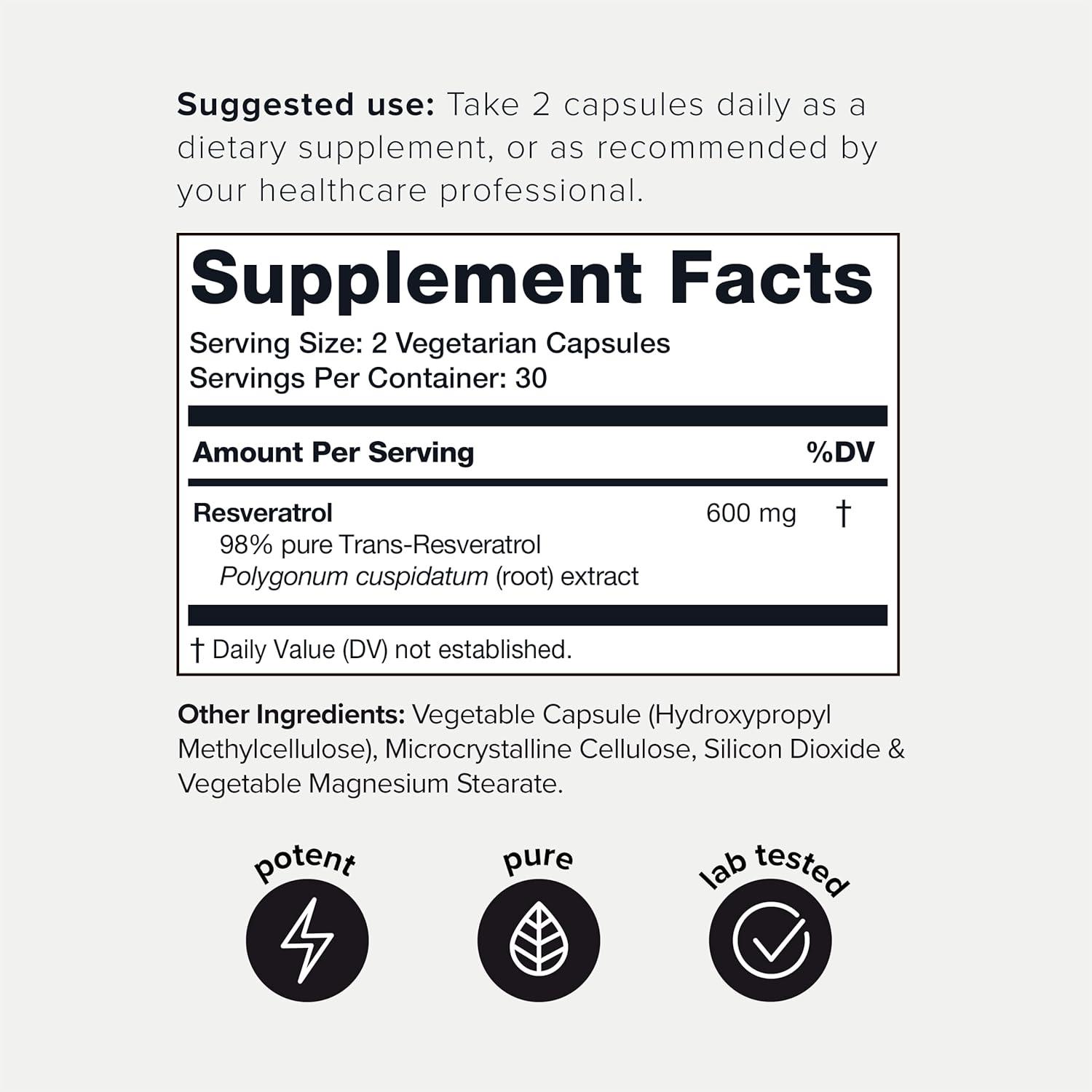Toniiq Resveratrol Capsules, 98% Highly-Purified Trans-Resveratrol Polyphenol for Cellular Longevity and Mitochondrial Support - imprüv  