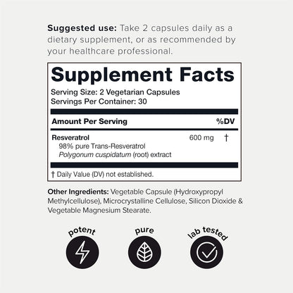 Toniiq Resveratrol Capsules, 98% Highly-Purified Trans-Resveratrol Polyphenol for Cellular Longevity and Mitochondrial Support - imprüv  