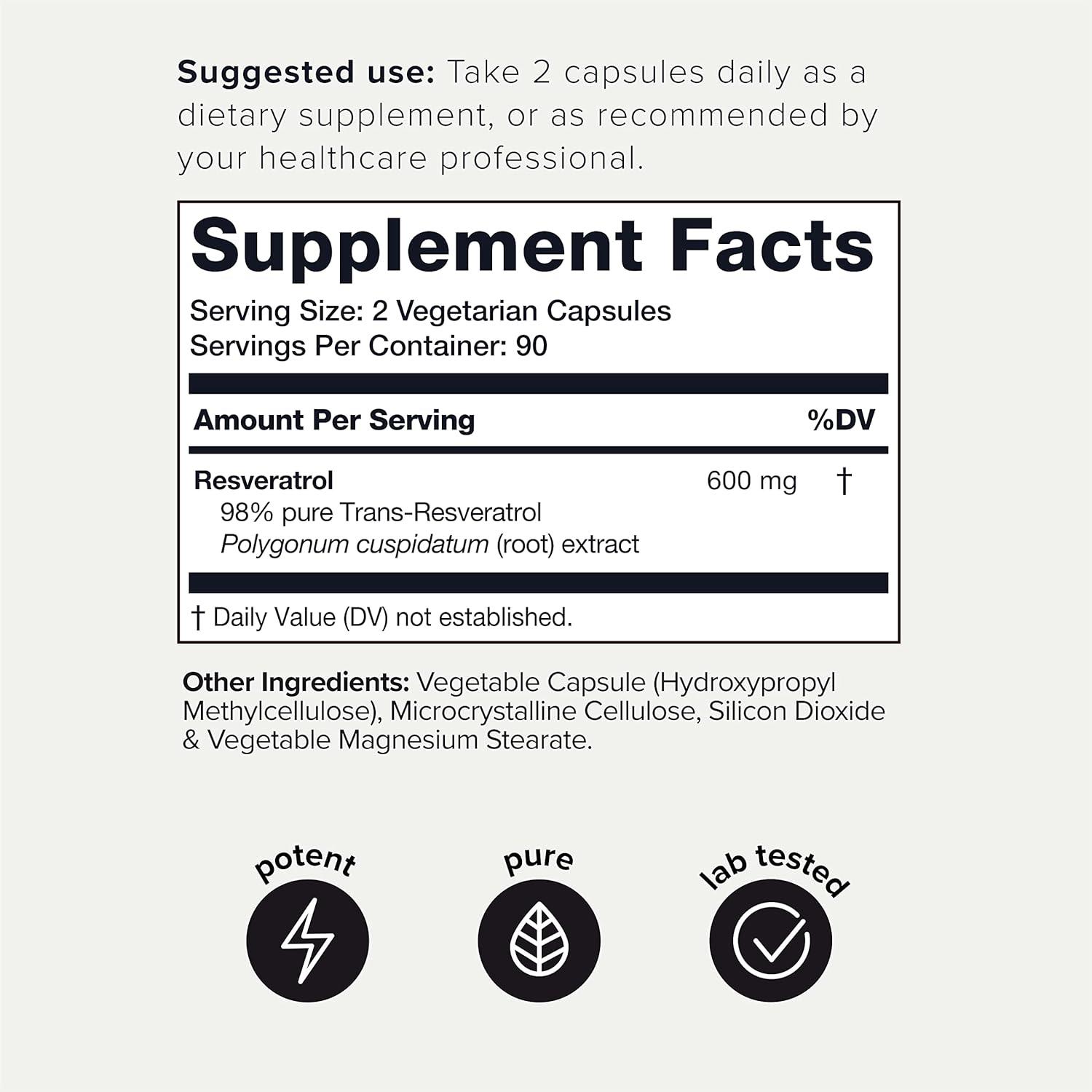 Toniiq Resveratrol Capsules, 98% Highly-Purified Trans-Resveratrol Polyphenol for Cellular Longevity and Mitochondrial Support - imprüv  