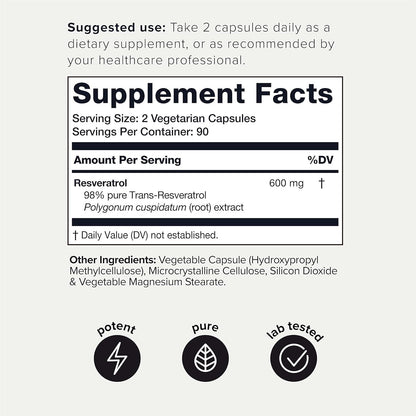 Toniiq Resveratrol Capsules, 98% Highly-Purified Trans-Resveratrol Polyphenol for Cellular Longevity and Mitochondrial Support - imprüv  