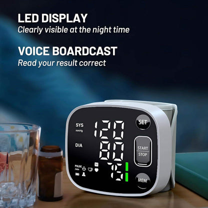 Wrist Cuff Blood Pressure Monitor for Easy Home Use with Large Display, Voice Broadcast, and Memory Storage - imprüv  