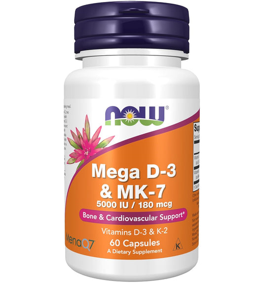 NOW Mega D-3 & MK-7, with 5,000 IU Vitamin D3 & 180 mcg K2, 60 Veg Capsules